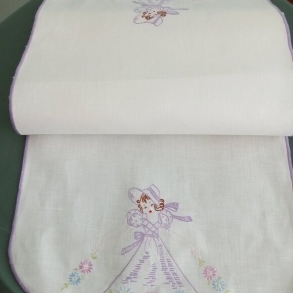 Long Embroider Purple & White Table Runner Cotton Linen Table Antique Vintage - Picture 7 of 10